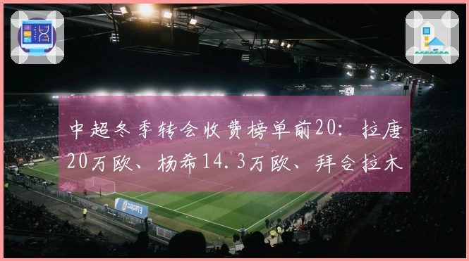 中超冬季转会收费榜单前20：拉唐20万欧、杨希14.3万欧、拜合拉木8.05万